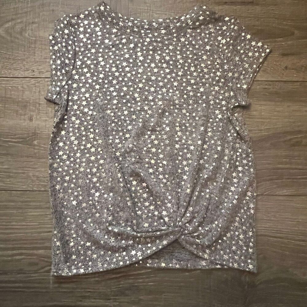 More Than Magic Top Girls sz 6 Gray Knit Silver Metallic Stars Knot Short Sleeve